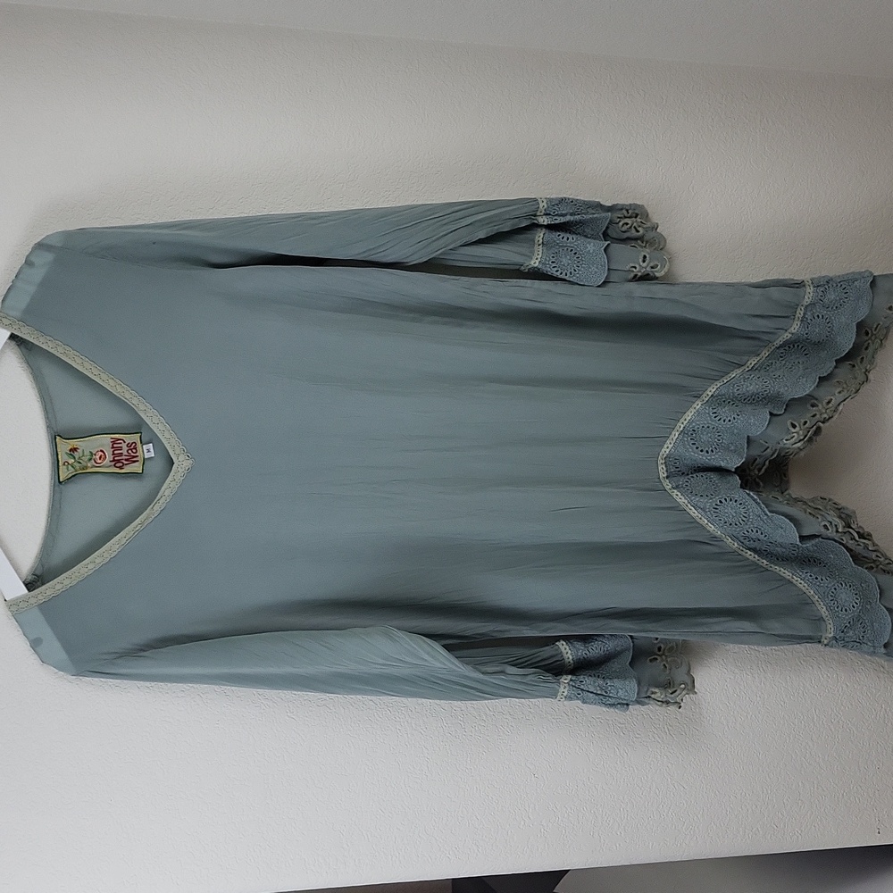 Johnny Was Pullover Tunic Dress Women's Medium Blue Green Eyelet *Flawed* - Picture 1 of 8